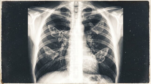 Human ribcage x ray with overlaid moths anatomical study