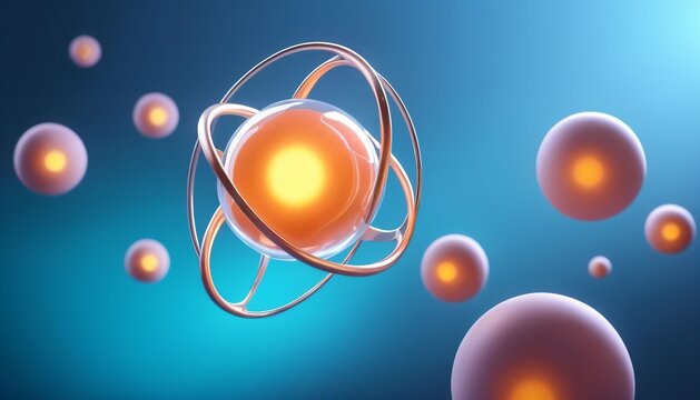 Abstract atomic symbol with floating glowing particles
