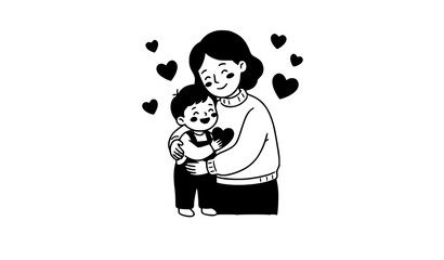 Mother and Child Love Illustration with Heart Symbols for Family Care, Parenting, Affection, and Emotional Bonding Designs