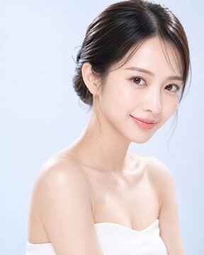 淡いブルーの明るい背景で自然な微笑みを見せるまとめ髪の若い日本人女性、なめらかな美肌と上品なナチュラルメイクを際立たせた美容・スキンケア広告向けポートレート