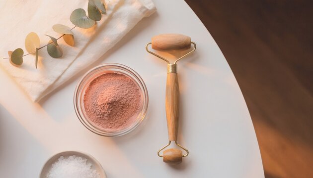 A wooden facial roller a bowl of pink clay powder and sea salt sit on a white table with a sprig of eucalyptus