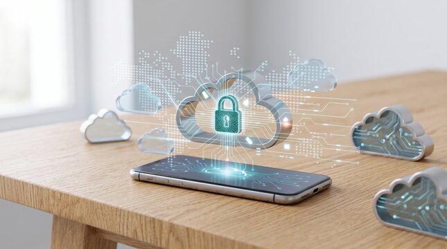Secure cloud computing concept showing smartphone connected to digital clouds with lock icon representing data protection and cybersecurity.