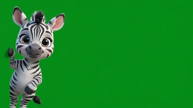 Adorable Cartoon Animals Zebra Appearing From Frame Edge on Chroma Key Background Green Screen 