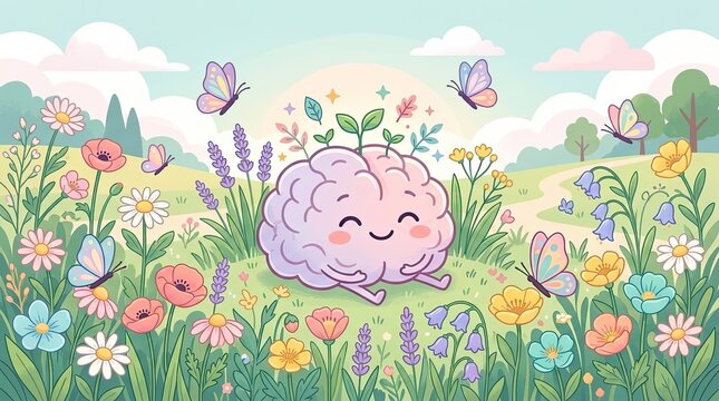 World mental health illustration of a cute brain character relaxing in a sunny wildflower meadow with wellbeing wellness mindfulness psychology character