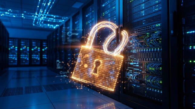 A glowing digital padlock symbol floats in front of a modern server room rack for data security.