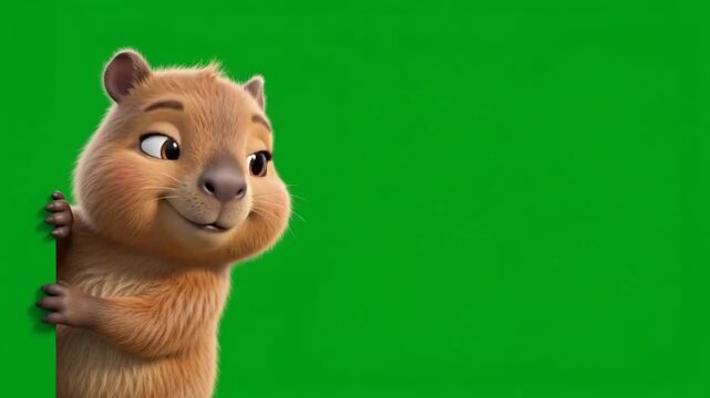 Adorable Cartoon Animals capybara Appearing From Frame Edge on Chroma Key Background Green Screen