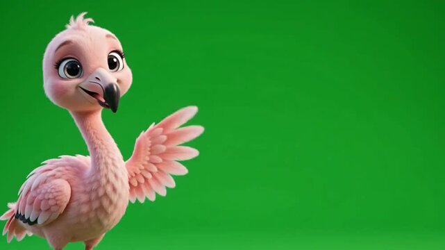 Adorable Cartoon Animals flamingo Appearing From Frame Edge on Chroma Key Background Green Screen