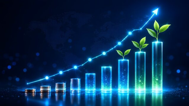 Futuristic green technology investment concept showing plant sprouts in glowing cylinders with coin stacks and upward digital growth graph.