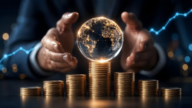 Global financial security concept displaying a businessman hands guarding stacks of gold coins with glowing glass earth globe and rising economic graph.