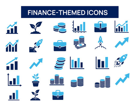 Finance-themed flat icons set, including growth charts, money stacks, and investment symbols