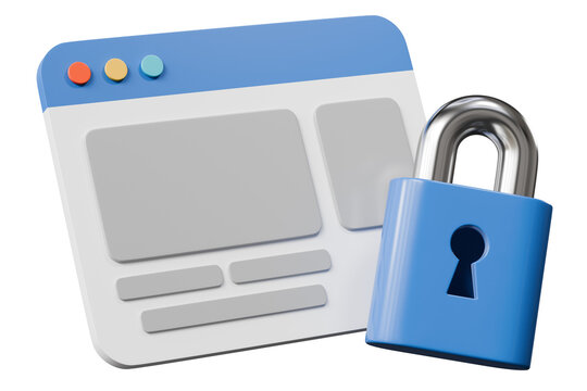 3d website security icon. cybersecurity concept. minimal cartoon web browser and padlock for secure access and data protection. isolated on white transparent background. 3d render.