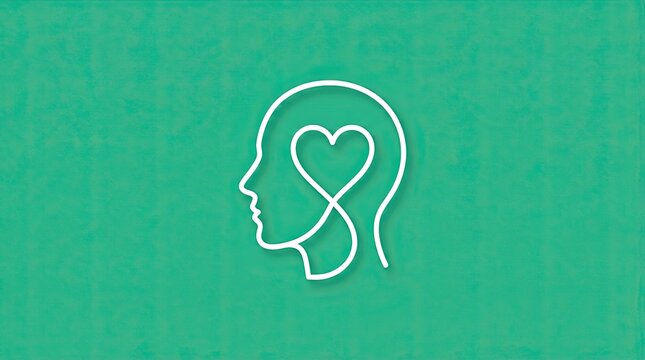 World mental health icon representing a human head silhouette with a heart shaped line drawing on a textured green background psychology wellness wellbeing