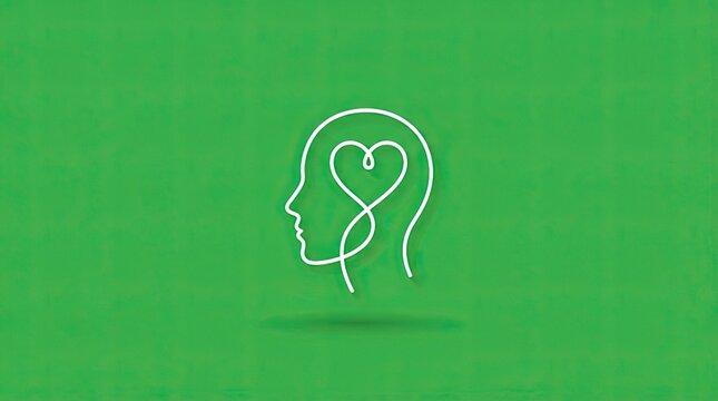 World mental health linear symbol of a head with an internal heart shape on a green surface representing emotional awareness and care psychology wellness kindness