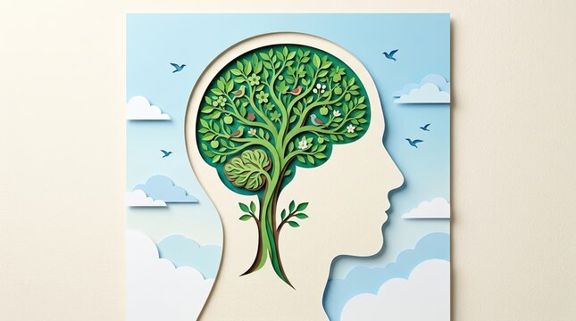 World mental health illustration showing human head profile containing flourishing green tree representing healthy brain function with psychology wellness positive
