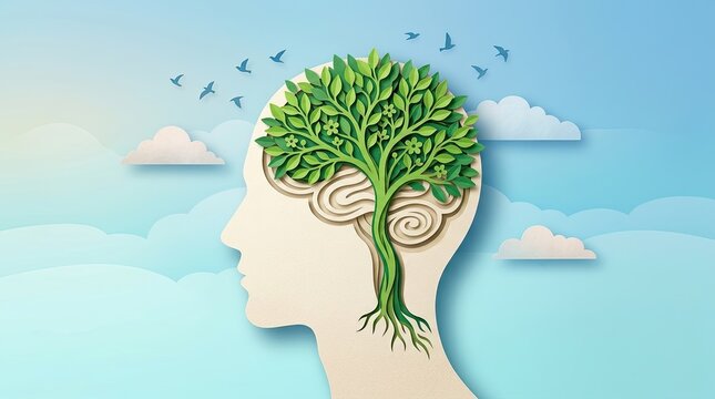 World mental health conceptual art depicting silhouette of human head with intricate brain tree and birds psychology wellness silhouette consciousness wellbeing