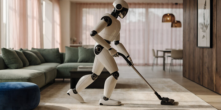 Futuristic Humanoid Robot Vacuuming A Rug In A Modern Minimalist Living Room With Sofa And Wall Art, Home Automation And Robotic Housekeeping With Artificial Intelligence And IoT Technology