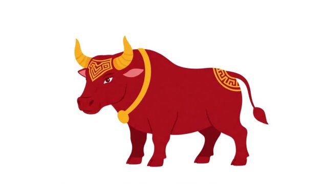A red and gold illustrated ox character with decorative horns and traditional patterns gently nods its head on a white background. This charming cartoon-style animation represents the Ox sign of the C