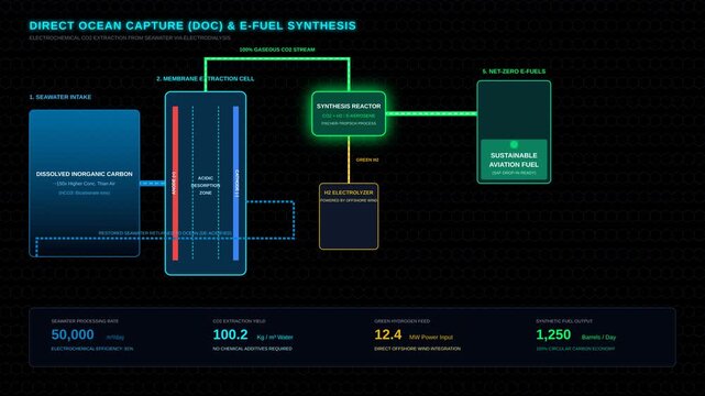 Direct Ocean Capture and Sustainable E Fuel Production Process Infographic Flowchart Animation