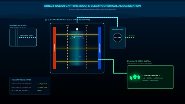 Direct Ocean Capture Technology Illustrating Electrochemical Alkalinization Process for Carbon