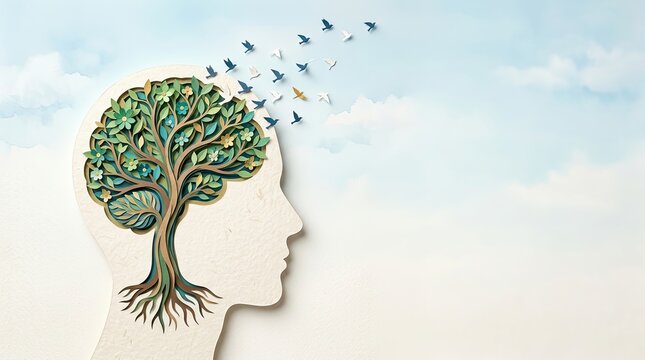 World mental health concept featuring a paper art human head silhouette with a brain shaped tree and birds flying away silhouette psychology mindfulness wellness