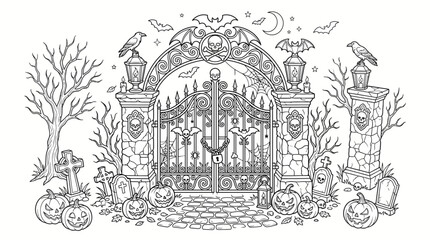 Fototapeta premium Haunted Cemetery Gate Vector Illustration