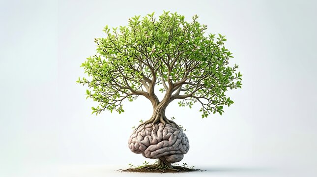 World mental health tree growing from human brain with psychology development wellness cognition awareness thinking knowledge intelligence wellbeing