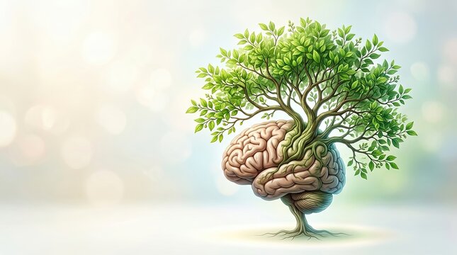 World mental health tree growing from human brain illustration with psychology wellbeing awareness development wellness intelligence meditation consciousness