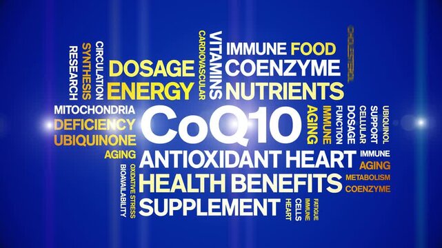 CoQ10 animated word cloud-text design animation tag kinetic typography seamless loop.