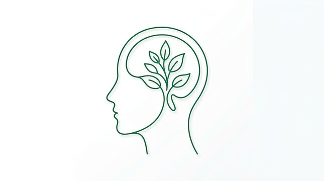 World mental health minimalist illustration of a human head profile with a growing tree inside symbolizing personal growth and well-being, psychology
