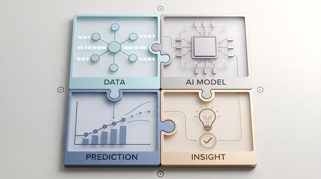 Artificial intelligence framework featuring four interconnected puzzle pieces representing data modeling prediction and actionable insight