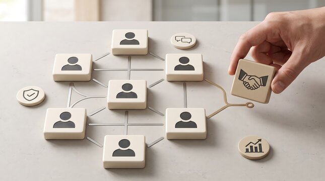 Corporate organizational structure concept showing hand placing partnership block into physical team network diagram