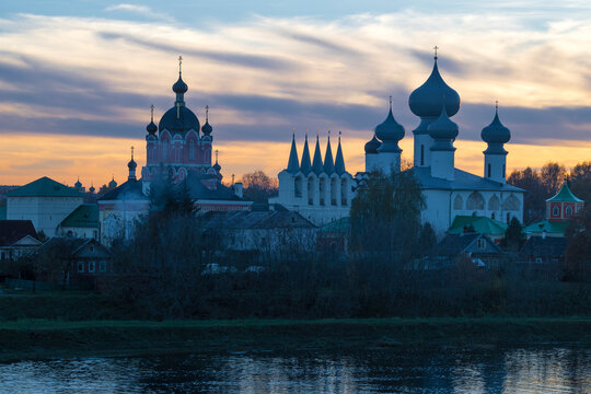 View of the ancient Tikhvin Assumption Monastery on a October twilight. Leningrad region, Russia