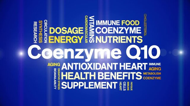 Coenzyme Q10 animated word cloud-CoQ10 text design animation tag kinetic typography seamless loop.