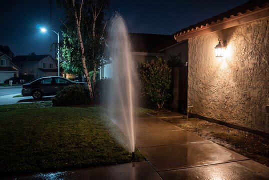 A broken sprinkler sprays a tall geyser of water onto a suburban lawn and sidewalk at night
