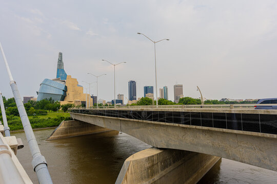 July 26 2026 - Winnipeg Manitoba Canada - Winnipeg skyline from the esplanade riel bridge