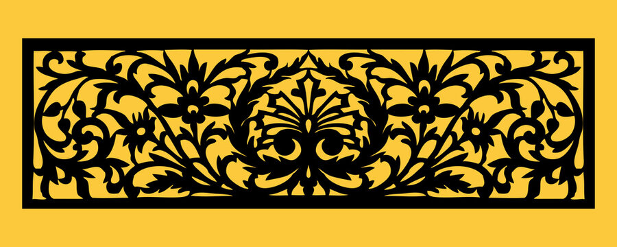 A rectangular vector panel featuring an intricate black ornamental filigree design with stylized floral and acanthus leaf motifs against a yellow background.
