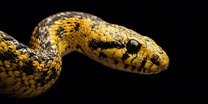 A closeup shot of a colorful snake with yellow and black scales on a black background
