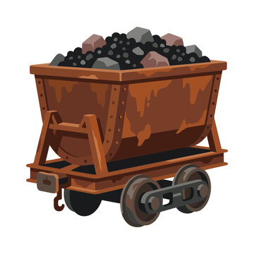 Rusty mining cart filled with coal and rocks