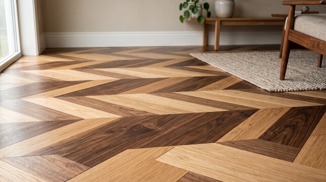 Herringbone wood flooring creates a chevron pattern in a modern interior