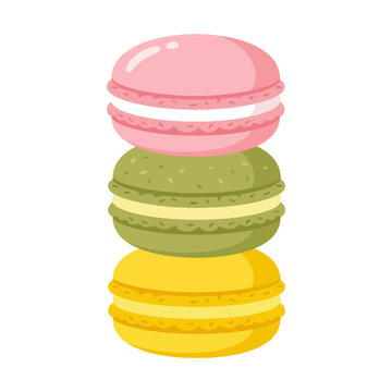 Stack of three colorful french macarons