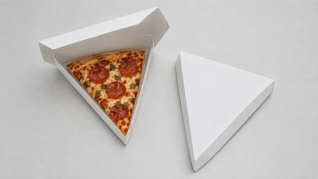 Pizza slice box mockup open triangular box with pepperoni pizza slice beside closed blank white box on grey background, food packaging design template