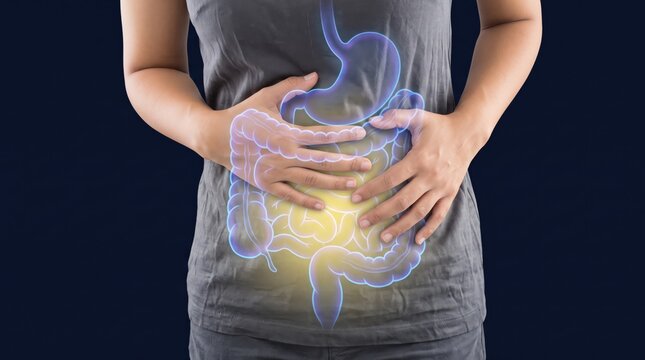 Woman holding stomach with glowing digestive system overlay, abdominal pain relief concept, gut health awareness, gastrointestinal tract anatomy illustration