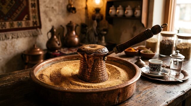 Traditional Turkish coffee brewing in hot sand with vintage copper cezve in a rustic cafe setting