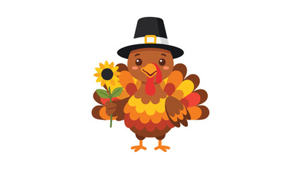 Fototapeta premium Thanksgiving Turkey Cartoon Wearing a Pilgrim Hat and Holding a Sunflower for Holiday Greeting