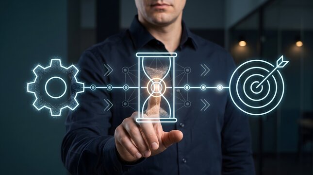 Project management workflow concept showing executive touching glowing hourglass connecting process gear and strategic target