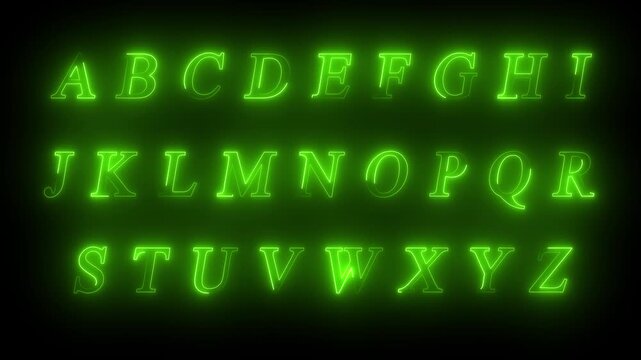 Glowing Neon Green English Alphabet Letters A to Z Full Set Animated Typography Loop on Dark Background, Futuristic Cyberpunk Electric Light Font for Title Video Editing, Text Motion Graphics