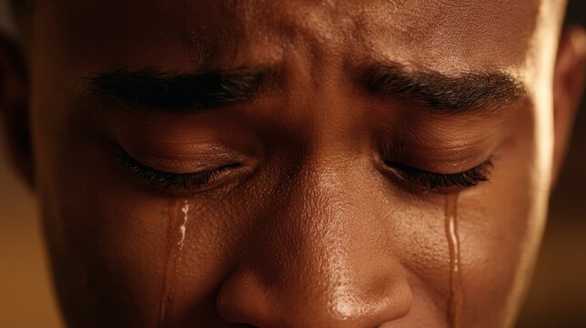 Close-up of a person"s face with tears streaming down their cheeks, eyes closed, expressing deep sadness or emotional pain.