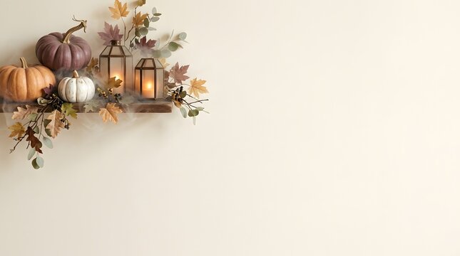 A festive autumn wall display featuring pumpkins and glowing lanterns with fall leaves on a wall.