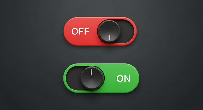 Digital Interface Toggle Switches for On and Off Status with Green and Red Indicators on Dark Background
