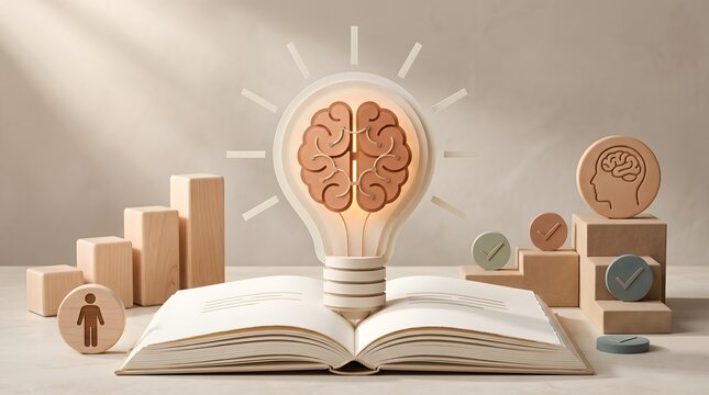Educational development concept showing glowing brain lightbulb emerging from open book with wooden staircase progression